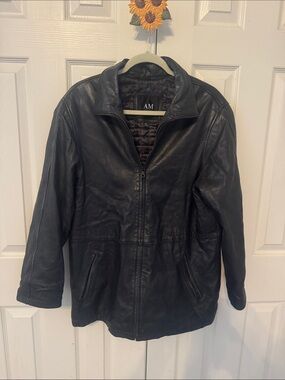 AM STUDIO Black Leather Zip-Front Jacket with Stand Collar - vintage